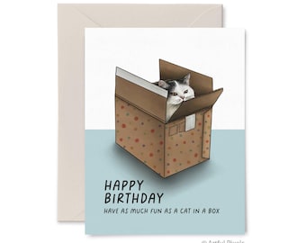 Funny Cat Birthday Card, Cat in a Box Birthday, Box Cat Illustration Art, Cat Lover, Cat Lady, Fun Birthday for Her, Fluffy Cat Gift Box