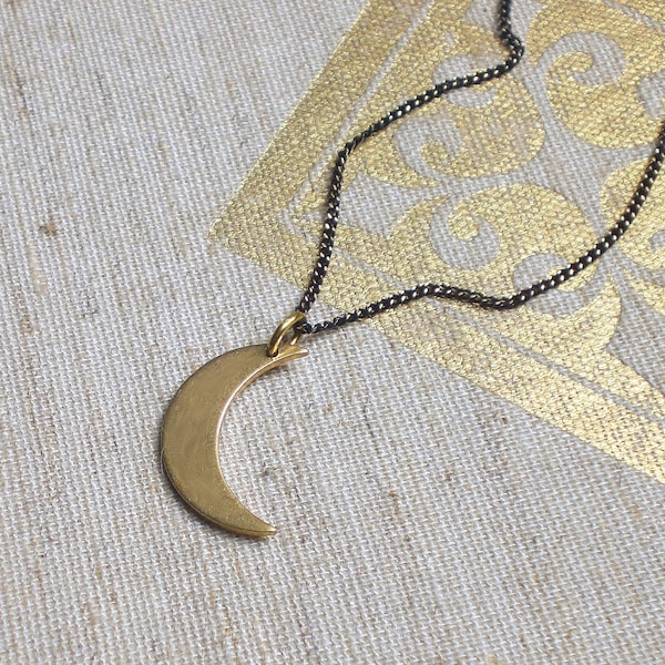 Brass moon necklace, crescent pendant, minimalistic layering jewelry, black chain (m893)