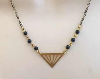 Art Deco Kette Onyx Messing Halskette - Messingkette Vintage Style (m944)