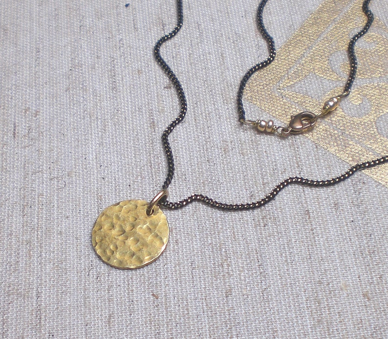 Circle brass necklace, hammered disc pendant, minimalistic layering jewelry, bronze chain m966 image 6
