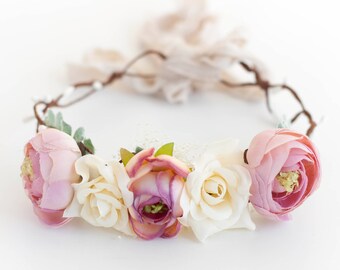 Pink Ivory Flower Crown, Dusty Pink Floral Crown, Dusty Rose Floral Crown, Rose Flower Crown, Pink Floral Crown