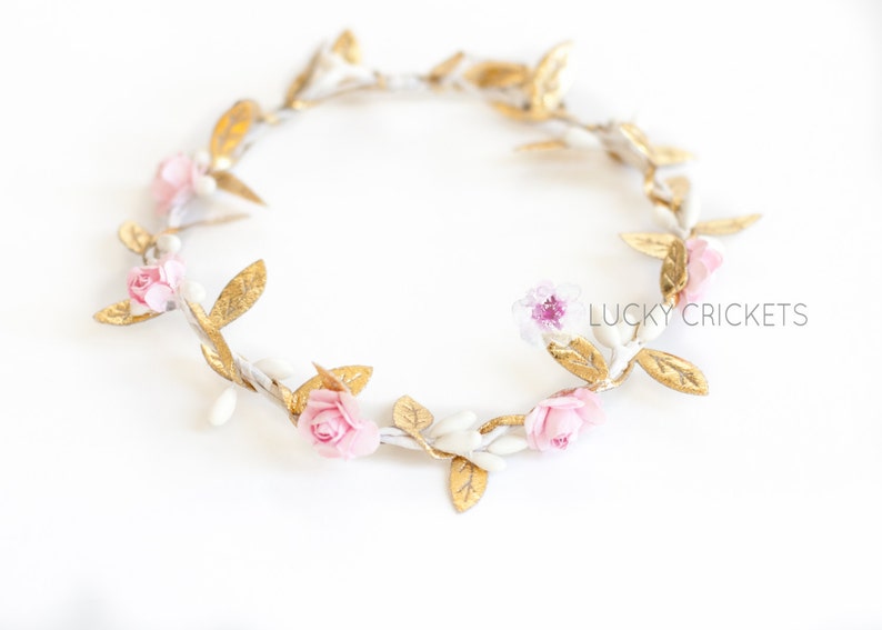 Pink Gold Headband, Gold Baby Headband Newborn Flower Crown Gold Pink Birthday Pink Rose Headband Baby Flower Crown Baby Flower Halo