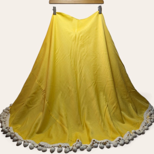 Vintage Round Tablecloth 1970's Vibrant Yellow White Pom Pom Trim