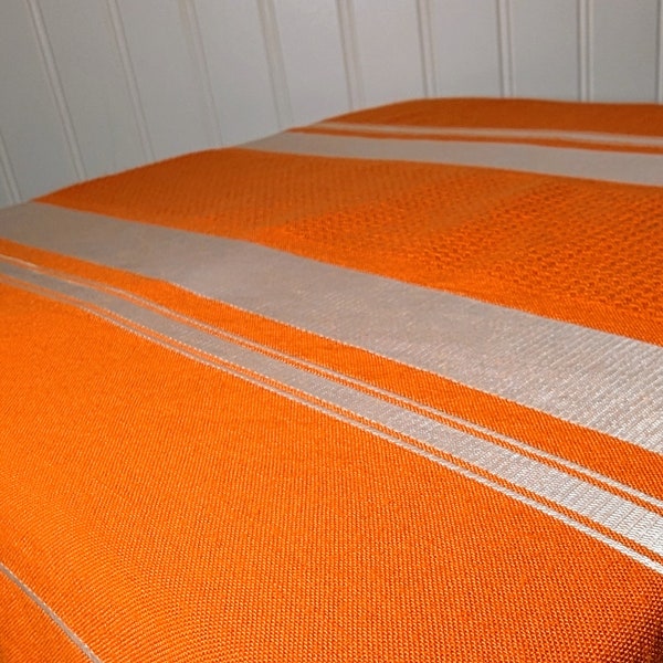 1970's Bright Orange Tablecloth, White Satin Weave Stripes - Gold Thread Waffle Weave Detail, Vintage Formal Table Linens, Summer Table