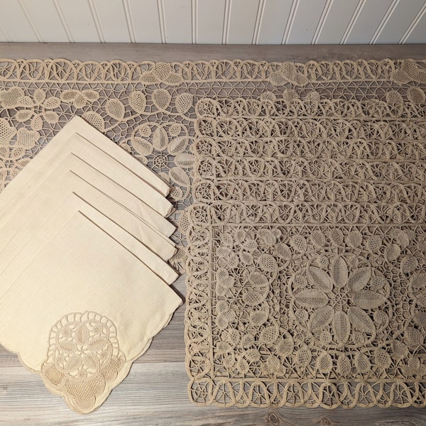 Placemat Runner Napkins SET Ecru Crochet Lace Vintage Dining for 6 Thanksgiving Table