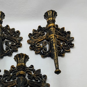 Vintage Wall Candle Sconce, 70s Homeco Wall Sconce, Gothic Black, Daisy Fleur de Lis Candle Holder, 70s Wall Decor