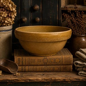 May include: A round, mustard-yellow ceramic mixing bowl with a thick, rolled rim. The bowl features a smooth, matte-textured surface and a deep, open interior. It is positioned centrally, resting on a stack of two vintage books with visible text.