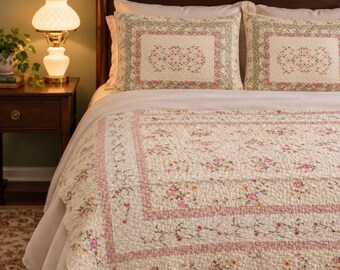 Vintage Cottage Bedroom | Embroidered Quilted Throw | Pair of Pillow Shams