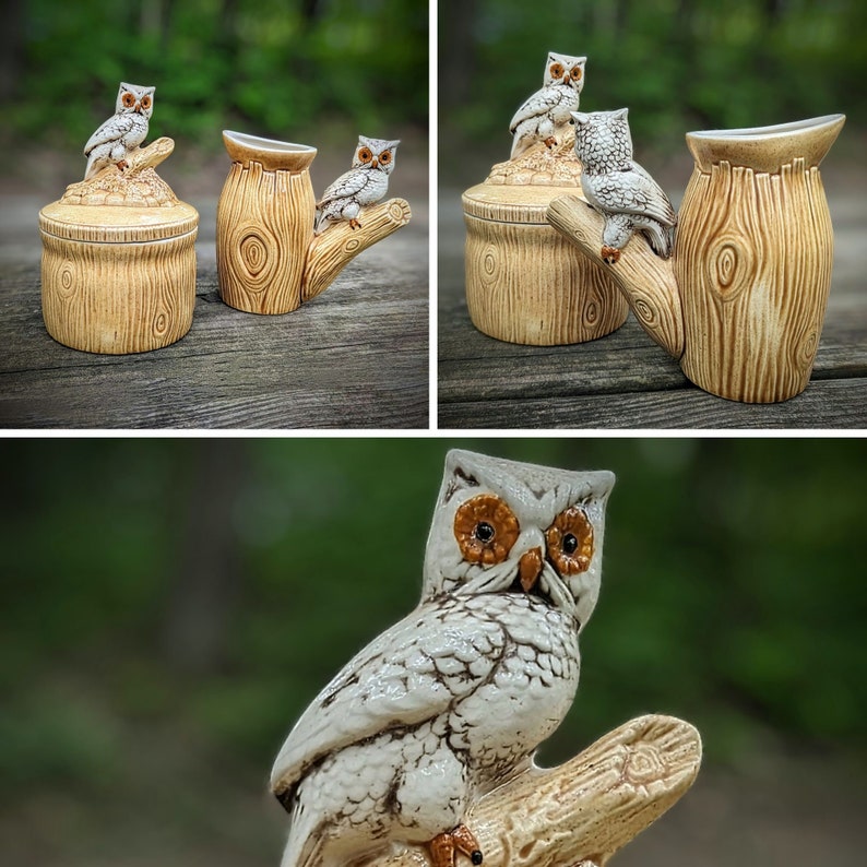 Vintage Owl Butter Dish / Owl Mugs, 70s Hand Painted Ceramics, Cottage