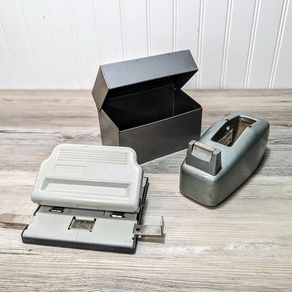 Vintage Industrial Desk Accessories Metal Tape Dispenser Card Box & Punch