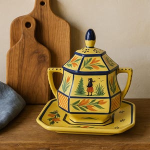 Vintage Quimper Soleil Covered Condiment Pot with Drip Plate