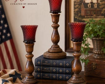 Vintage Americana Decor | Colonial Wood Candlestick Set | Red Hobnail Candle Display