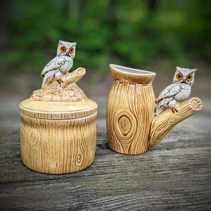Vintage Owl Creamer & Sugar Bowl, 70s Hand Painted Ceramics, Cottage Core Kitchen, Vintage Cabin / Camper, Owl Lover Collectible Gift