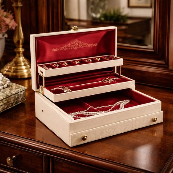 Ivory Leather Jewelry Box | Vintage Vanity Jewelry Case with Red Velvet Interior