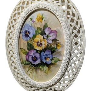 Vintage Pansy Bouquet Watercolor Print, Fran Anderson, Homco Faux Wicker Frame