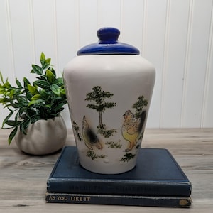 Vintage Ginger Jar Canister, Asian Inspired, Chickens Design, Shelf Accent Storage