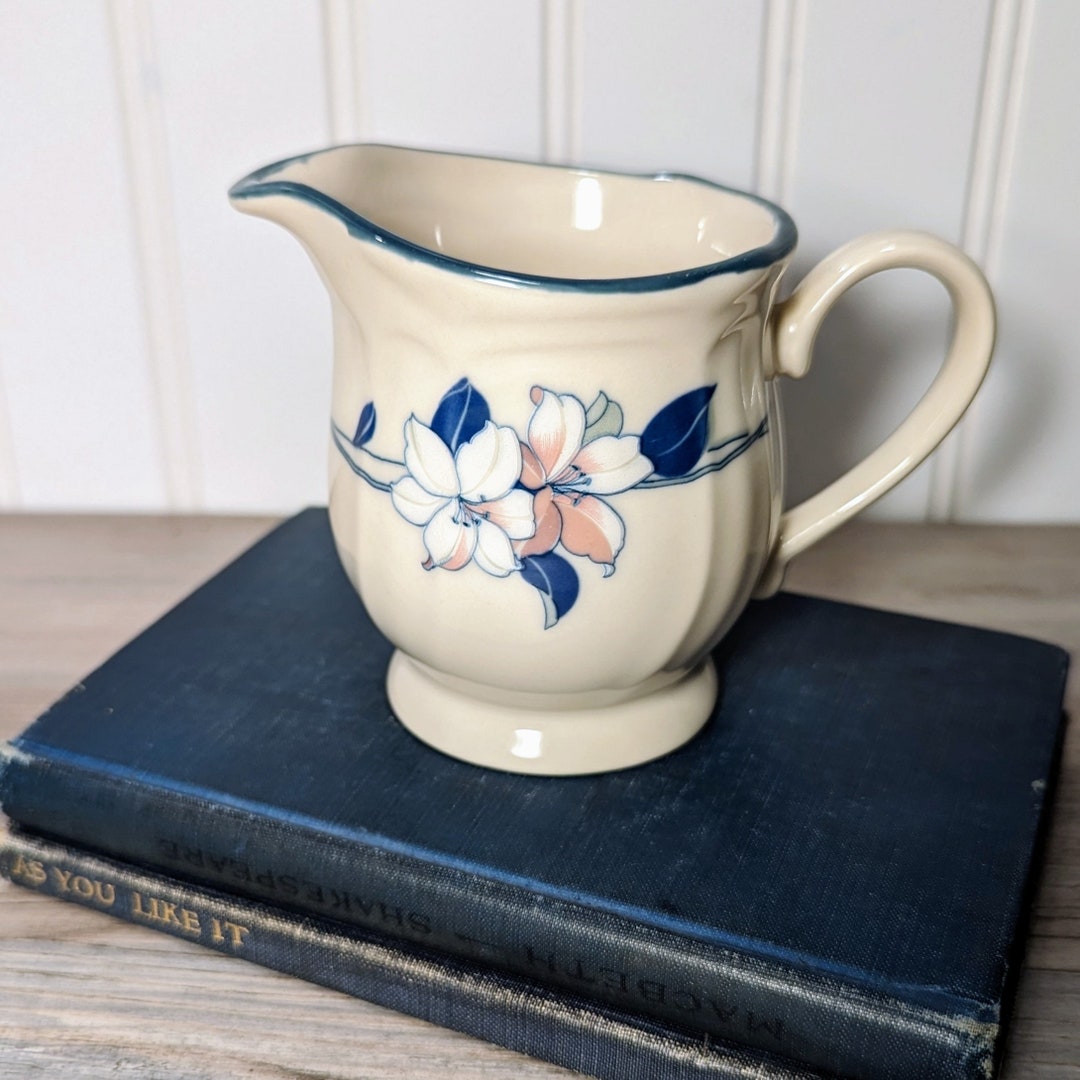 Vintage Small White Creamer/pitcher, Blue Accents, Pink Apple Blossoms