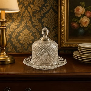 May include: A clear glass cloche with a diamond pattern and a decorative knob on top. The cloche sits on a matching scalloped plate. The glass dome is designed to cover food items. The cloche is on a wooden surface.