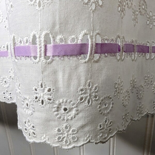 Dainty Vintage Eyelet Gathered Curtain Valance Purple Ribbon Handmade 1970s