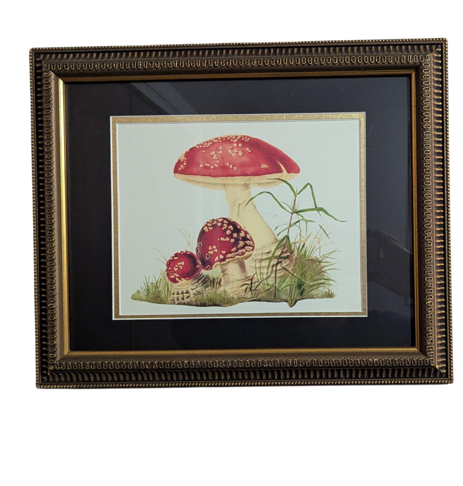 ヴィンテージの赤いキノコの水彩画プリント：ボタニカルコテージ