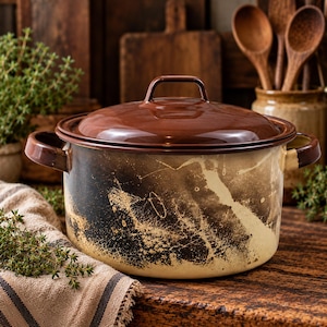 May include: A round, enameled metal cooking pot with a matching lid, featuring a dark brown rim and handles. The body of the pot displays a mottled, distressed finish with blended shades of cream, beige, and dark brown, creating a textured appearance.