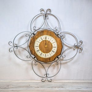 Vintage Black Metal Scroll & Wood Wall Clock, 1960s Mediterranean - Spanish Influence Clock