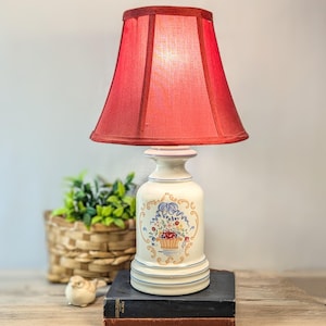 Vintage Country Ceramic Lamp, 80s Hand-painted Basket of Flowers, Cottage Accent Lamp