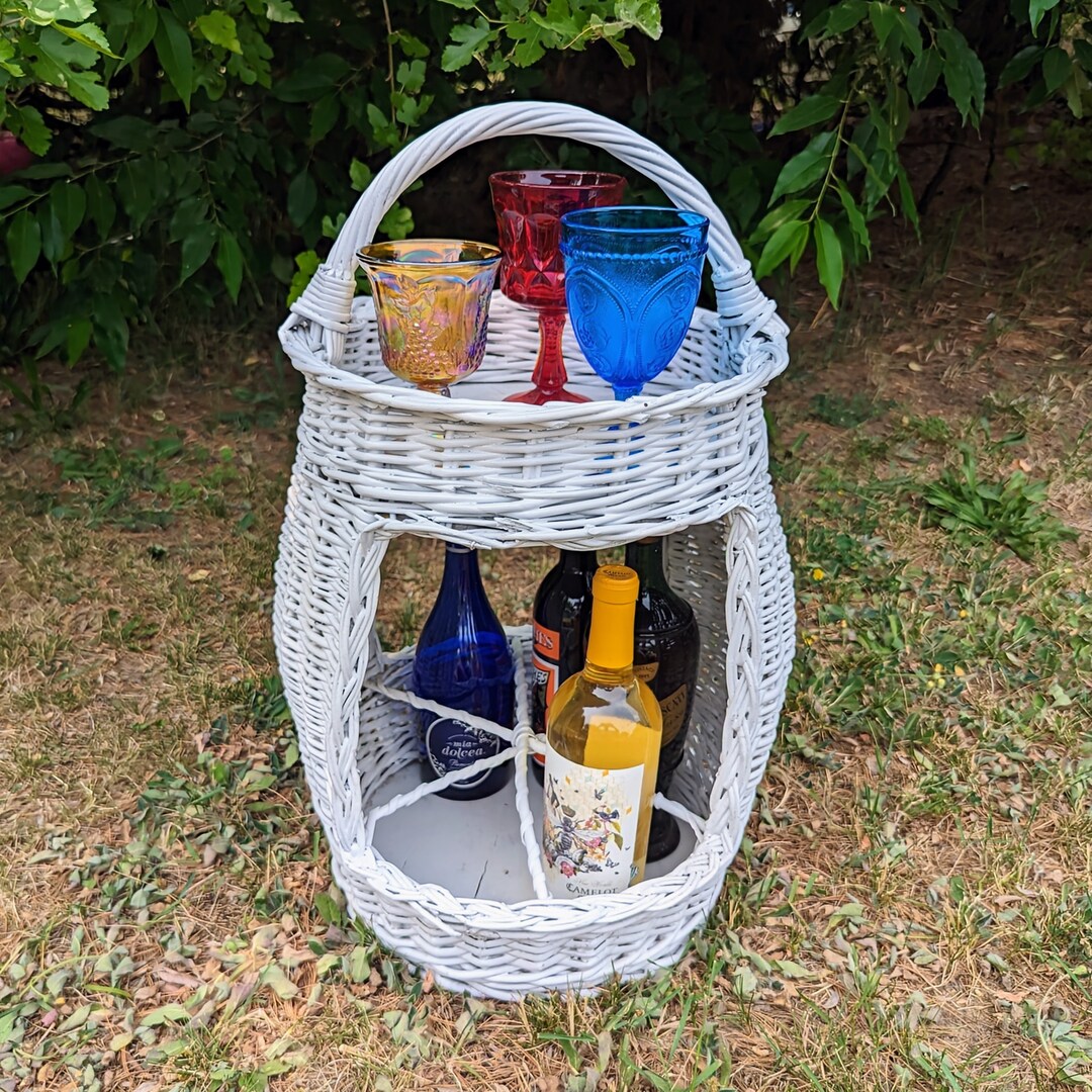 Vintage Wine Carrier Table Wine Caddy, 1970's White Wicker Wine/snack