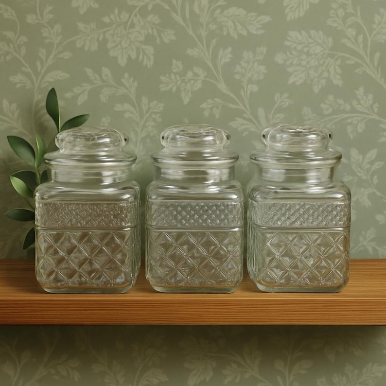 Vintage Clear Glass Jars Set of 3 | Lidded Decorative Glass | Cottage Shelf Styling