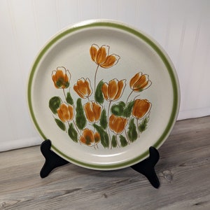 1970&#39;s Round Stoneware Platter, Orange Tulips/Olive Green Leaves, Meadowbrook, Japan Vintage Stoneware, 70&#39;s Kitchen, Wall Decor