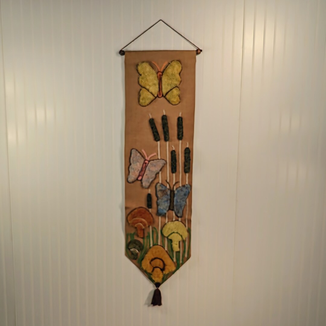 1970's Groovy Butterfly Mushrooms Cattails, Latch Hook Yarn / Burlap
