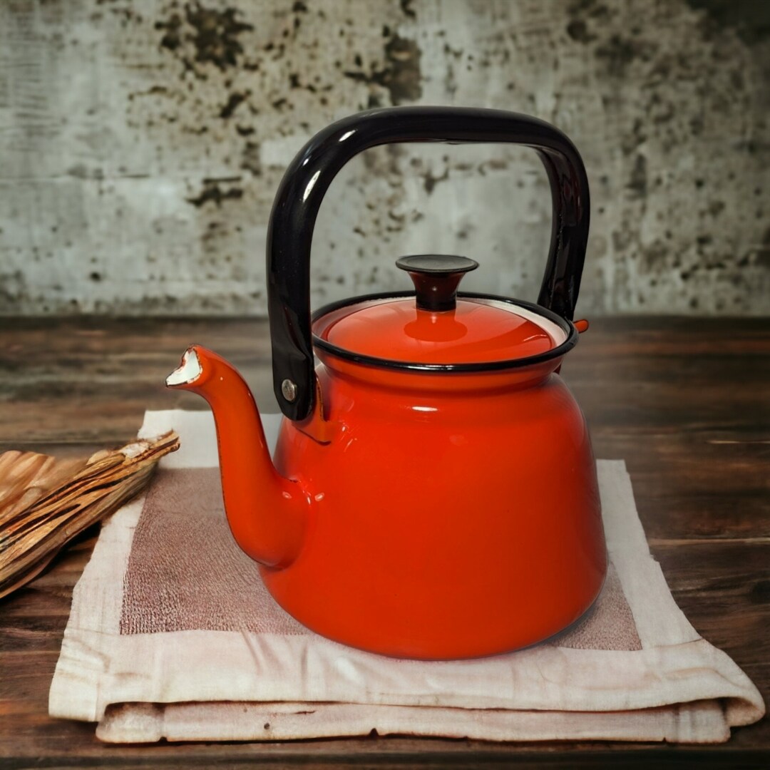 Red and Black Enamelware Tea Kettle 1970s Poland Vintage Etsy