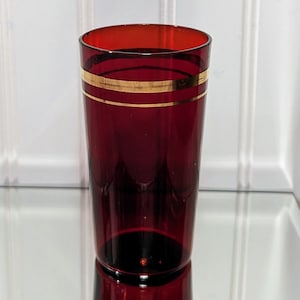 Ruby Red Glass Mid Century 50s Highball SET 6 Vintage Red Gold Holiday Barware