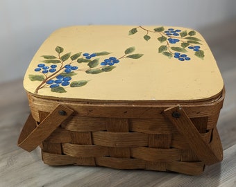 1970's Picnic Basket w/ Tole Painted Blueberries, One-of-a-Kind Vintage Oak Basket, Country Farmhouse Kitchen Storage, Vintage Camping Gift