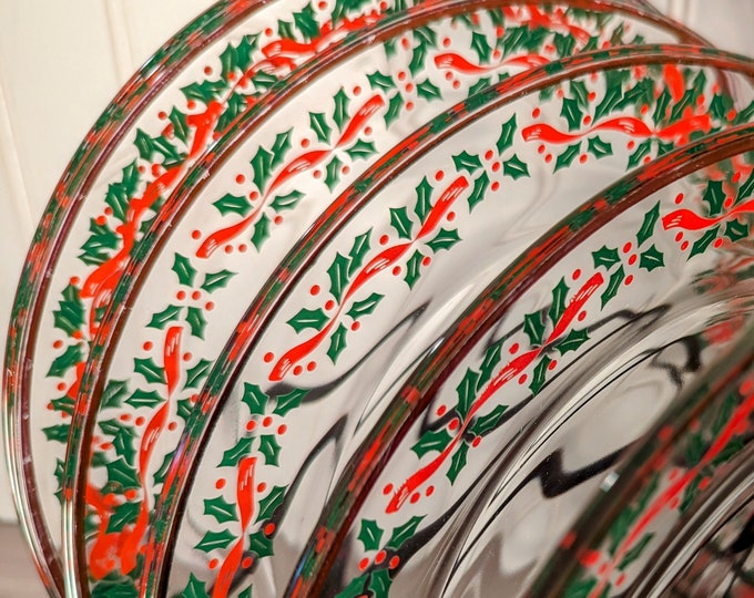 Holly Berry Holiday Plates SET 8 Glass Gold Rim Christmas Luncheon