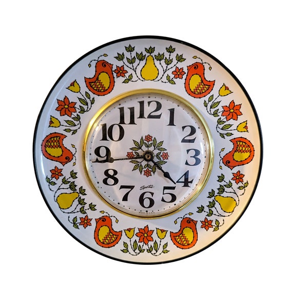 1970s Spartus Kitchen Clock Enamelware Bright Painted Folk Design Country Farmhouse Quartz Movement