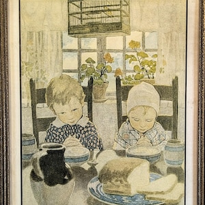 Authentic &#39;A Child&#39;s Grace&#39;, Antique Framed Art Print, Jesse Wilcox Smith, Vintage Cottage Artwork, 1917 Children Praying Litho,