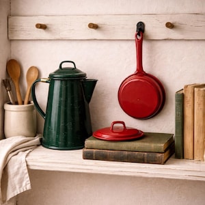Vintage Enamel Kitchen Decor Pair | Red Saucepan & Green Coffee Pot | Cottage Shelf Accent