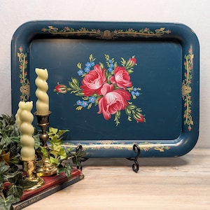 Vintage Tole Tray: Hand-Painted Roses, Cottage Chic Decor