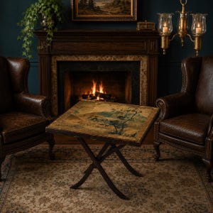 May include: A square folding table with a dark wooden X-frame base and a flat top surface featuring a printed landscape illustration of trees and hills in muted earth tones, positioned between two brown leather wingback armchairs.