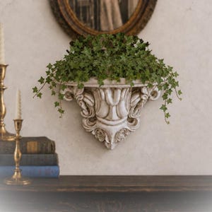 May include: A white wall-mounted shelf with ornate, carved scrollwork details and a flat top surface. A lush, trailing green ivy plant sits on the shelf, with its vines cascading over the edges of the decorative, classical-style bracket.