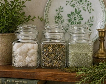 Vintage Glass Canister Set of 3 | Lidded Storage Jars | Cottage Kitchen Pantry Decor