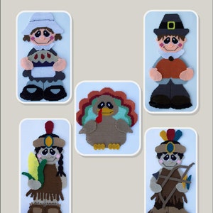 May include: Five Thanksgiving character patterns for plastic canvas crafts. The characters include a pilgrim woman holding a pie, a pilgrim man holding a pumpkin, a turkey, a Native American woman holding an ear of corn, and a Native American man holding a bow and arrow.