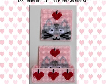 Valentine's Day Cat and Heart Coaster Set-Plastic Canvas Pattern-PDF Download