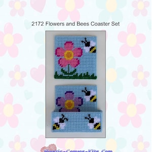 Flowers and Bees Coaster Set-Plastic Canvas Pattern-PDF Download