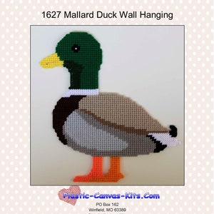 Pode incluir: Um padrão de tela de plástico para uma decoração de parede de pato selvagem. O padrão apresenta uma cabeça verde, um corpo marrom e cinza e pés laranja. O padrão é de Plastic-Canvas-Kits.com.