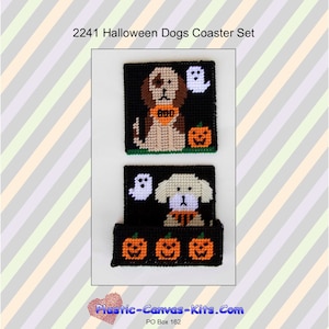 May include: A set of two plastic canvas coaster patterns featuring Halloween dogs. The first coaster features a brown and white dog with a ghost and a pumpkin. The second coaster features a white and brown dog with three pumpkins. The pattern includes the text "800" and "Plastic-Canvas-Kits.Com".