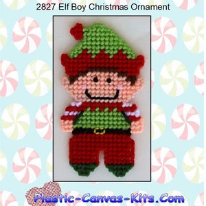 May include: A plastic canvas pattern for a Christmas ornament featuring a smiling elf boy with a green hat, red pants, and a white shirt. The pattern is titled "2827 Elf Boy Christmas Ornament".