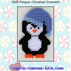 May include: A plastic canvas pattern for a penguin wearing a blue hat. The pattern is for a Christmas ornament and is labeled "2828 Penguin Christmas Ornament".