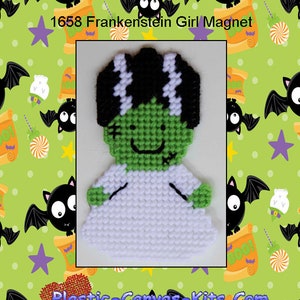 May include: A plastic canvas kit featuring a green Frankenstein girl with black hair and white stitches. The kit is a magnet and is part of a Halloween themed collection. The image includes the text "1658 Frankenstein Girl Magnet" and "Plastic-Canvas-Kits.Com".